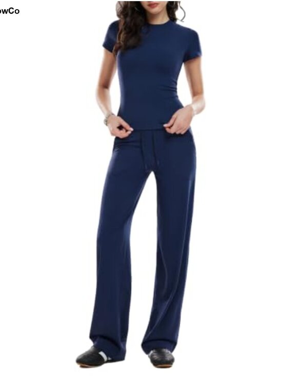 Pants - Women's 2 Piece Lounge Set Nylon Spandex Wide Leg Pants Short Sleeve